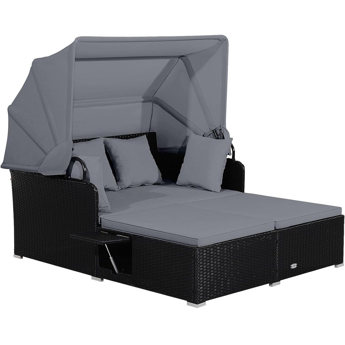 Chaise Longue à 2 Places en Rotin avec Auvent Rétractable Bain de Soleil avec Panneaux Latéraux Pliables Charge 360KG Beige/Gris -