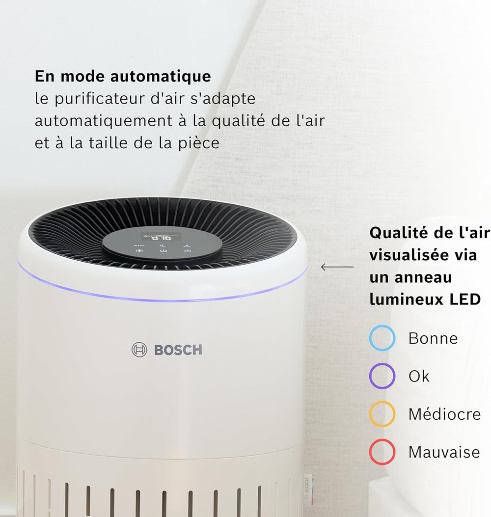 Bosch Air 4000 - Purificateur d'air - Pour les pièces jusqu'à 62,5 m² - Filtre efficacement plus de 99% des polluants - Un capteur intelligent, modes auto et silence (< 25 dB(A)) - CADR : 300 m³/h