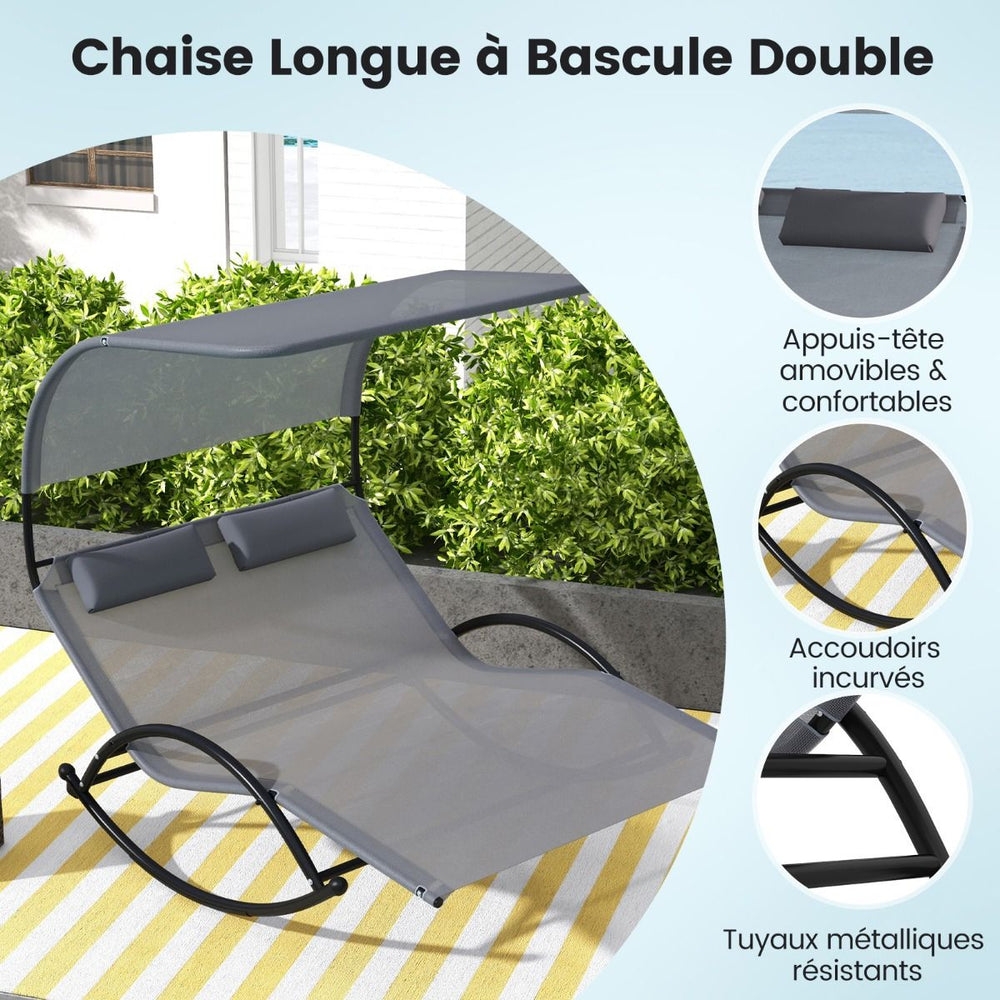 Chaise Longue Double Chaise à Bascule pour 2 Personnes 2 Appui-Têtes Amovibles Cadre en Métal Robuste Lit de Repos Ergonomique 2 Places Gris/Noir/Beige -