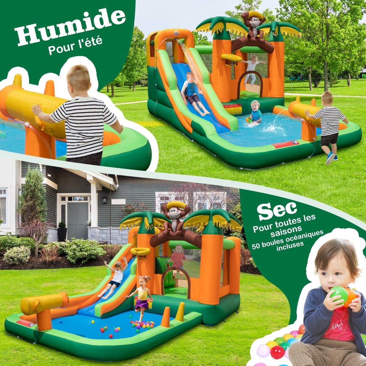 7 en 1 Château Gonflable Tropical à Thème Singe & Palmier avec Toboggan Aquatique avec Piscine & 50 Boules Charge 90kg pour 2 Enfants de 3-10 Ans -