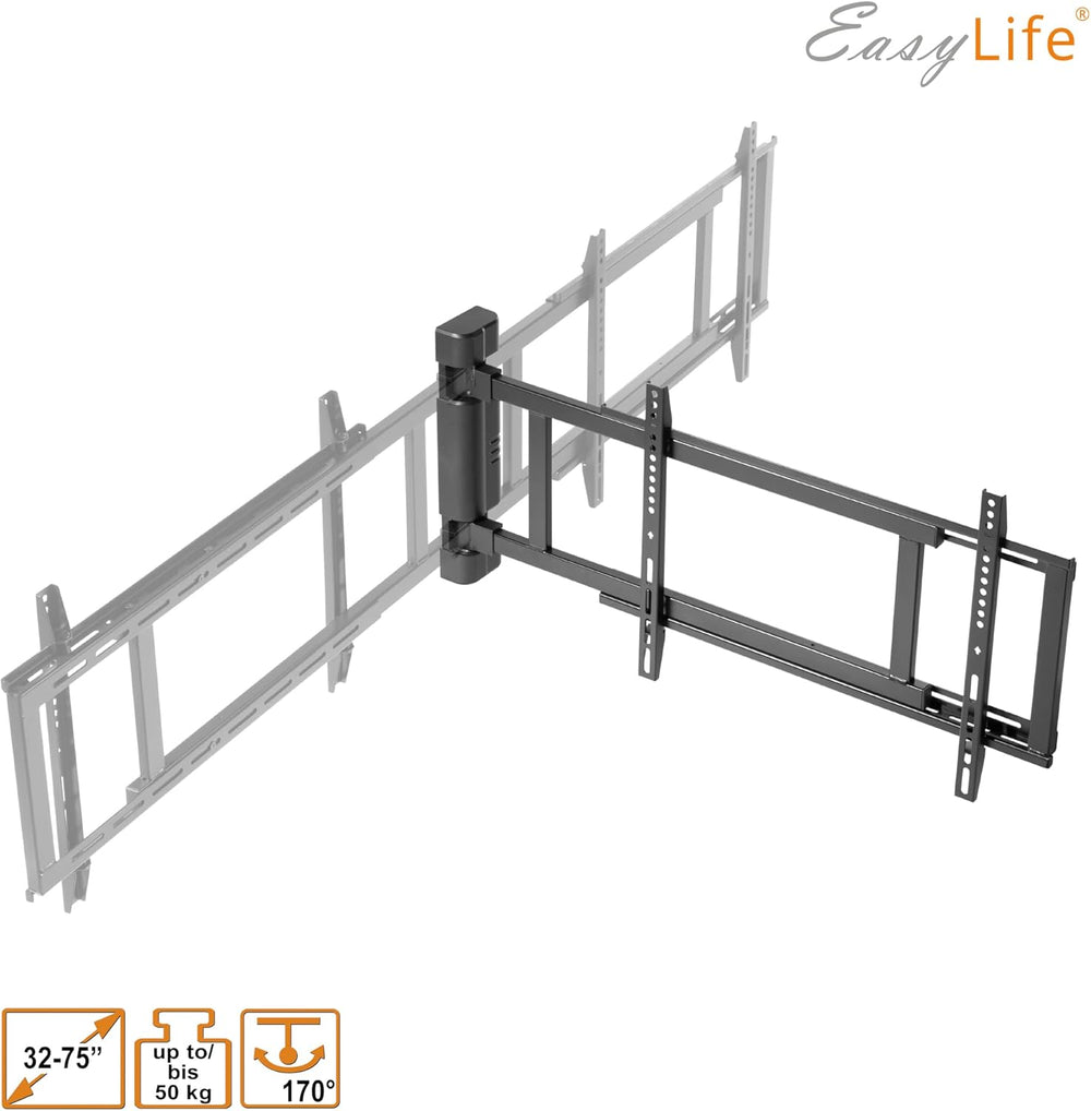 EasyLife Support TV Mural pivotant électriquement jusqu'à 170°, Support Mural VESA jusqu'à 600x400 pour LCD/OLED, téléviseur, Moniteur, écran, Smartboard de 32-75 Pouces & 50kg Max (Blanc)