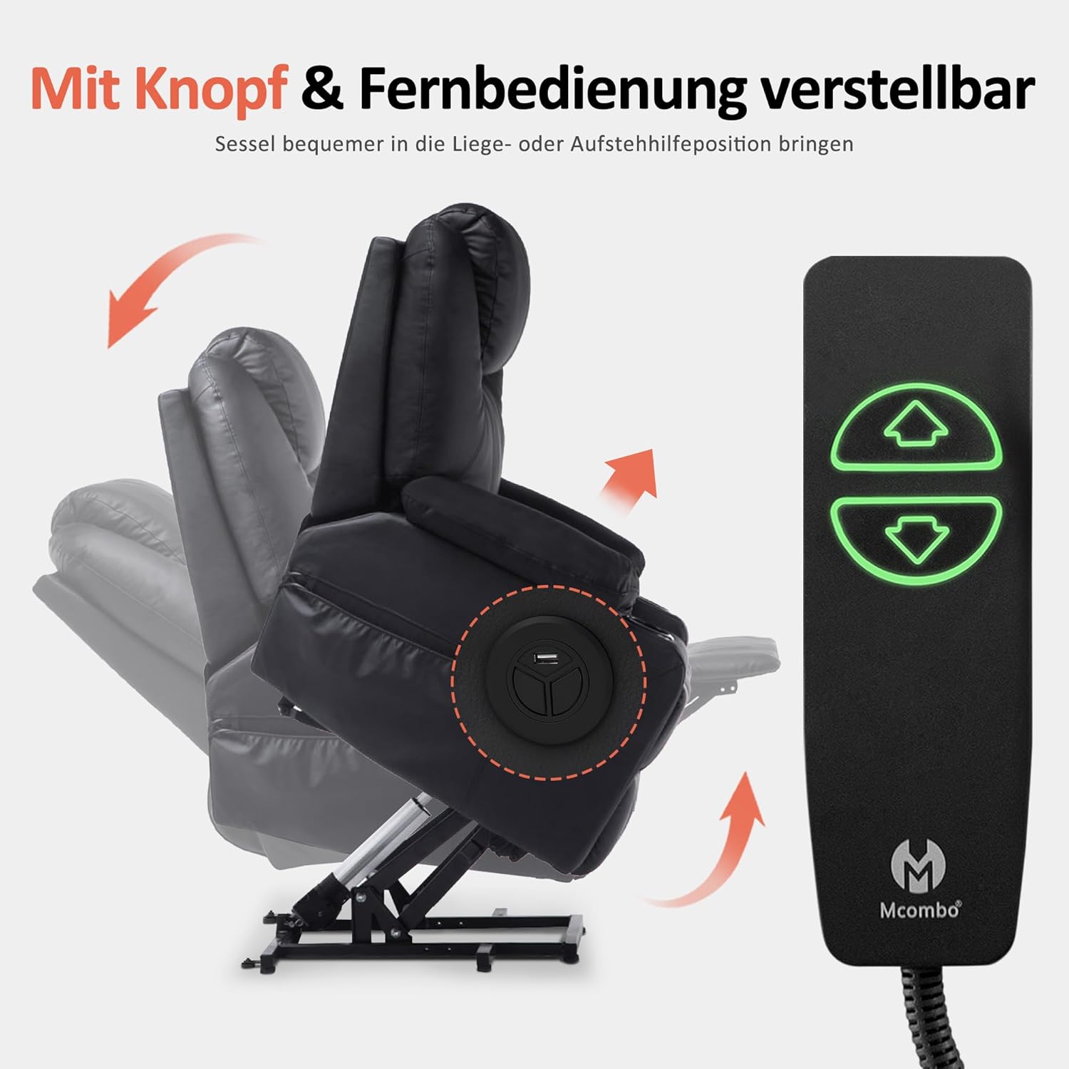 Aide à l'arrimage électrique MCombo, Fauteuil TV, Fauteuil Relaxant, Massage, Chauffage, Connexion USB réglable électriquement, Simili cuir, Noir