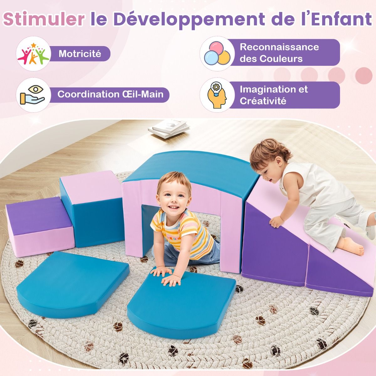 6 Blocs d橢scalade en Mousse Jeu d橢scalade pour Tout-Petits Jeu d橝ctivit d橢scalade Color Tunnel Escaliers et Rampe pour 12+ Mois Color/Bleu/Violet -