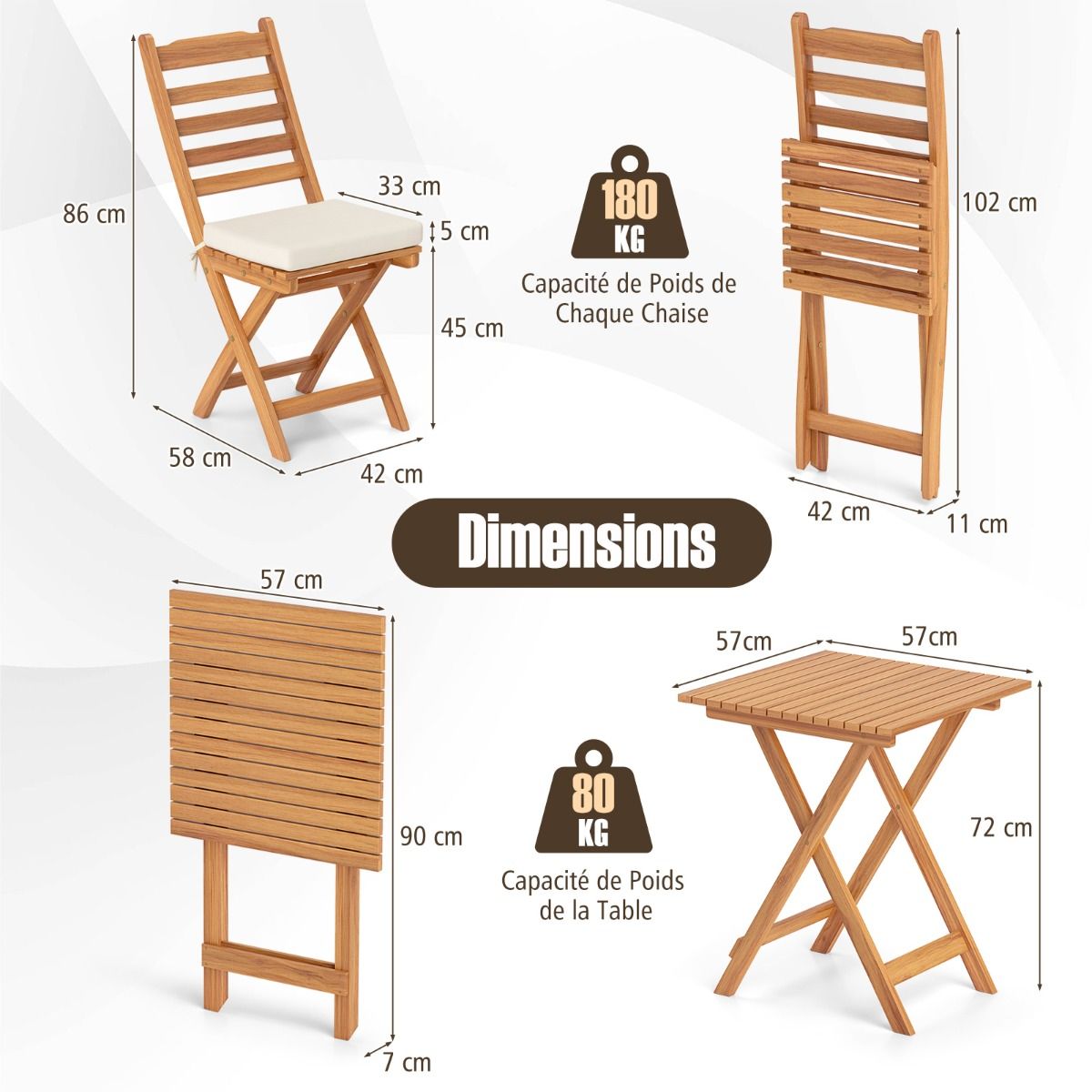 Ensemble Bistrot d'Extrieur en Bois d'Acacia Ensemble de Chaises Pliantes et Table Coussins de Sige Sans Accoudoirs  Dossier Haut Blanc -