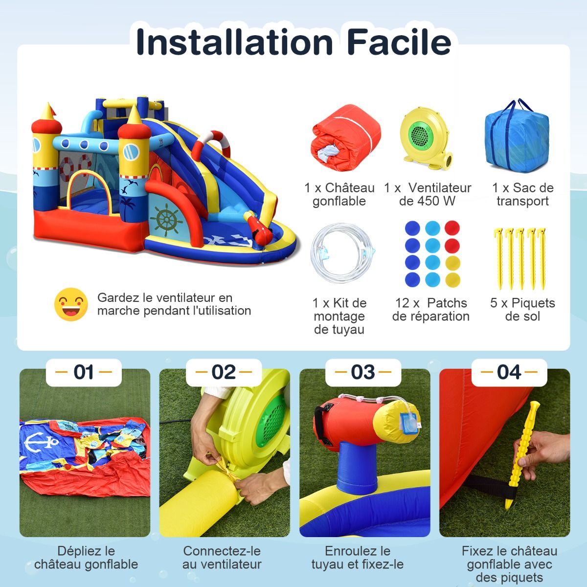 Château Gonflable Style Bateau avec Toboggan Incurvé Zone de Saut Mur d'Escalade avec Gonfleur 450 W -