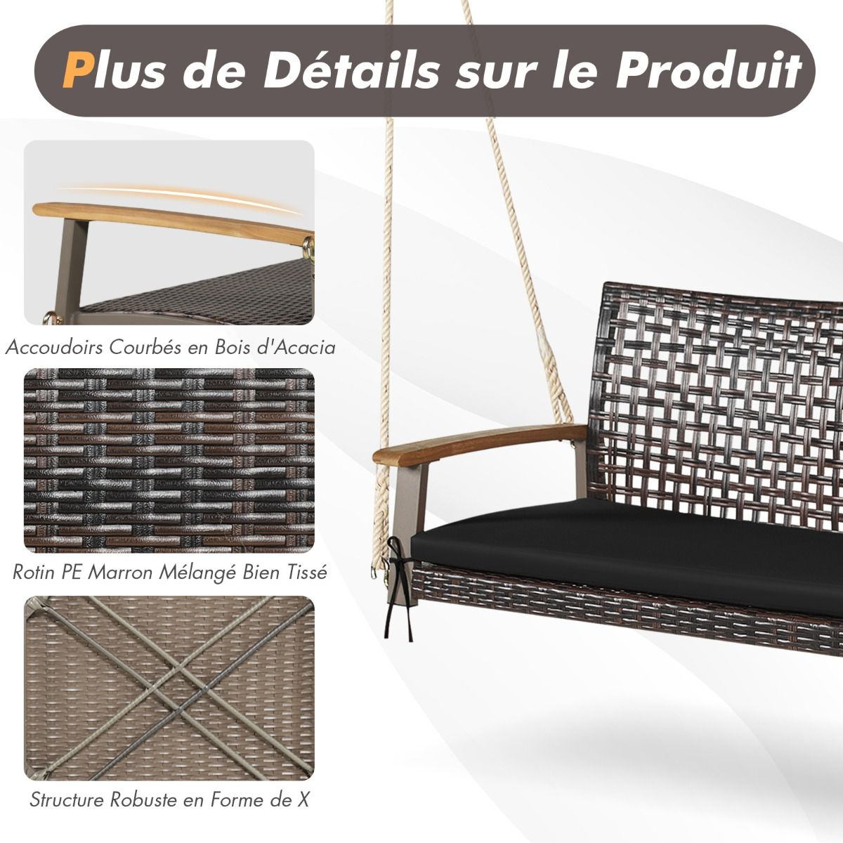 Banc Suspendu de Jardin en Rotin 2 Place Accoudoirs en Bois d'Acacia Cadre en Mtal Coussin Cordes Crochets Blanc/Noir -