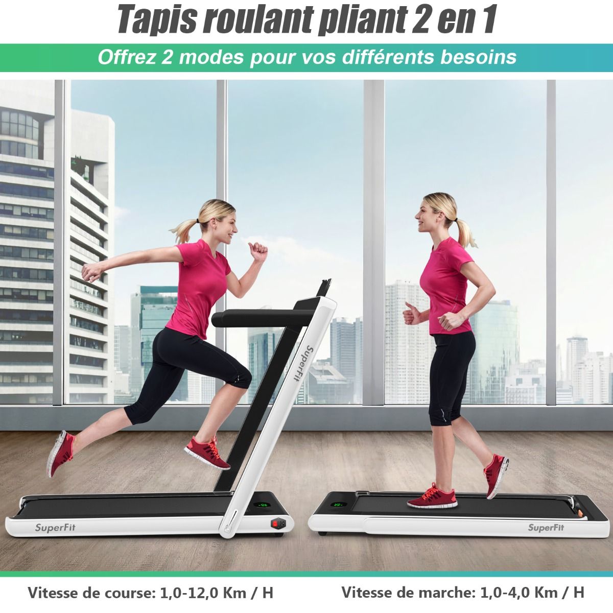 2 en 1 Tapis de Course Electrique Pliable 1 à 12 Km/H avec Haut-parleur Bluetooth Télécommande Moteur 0,75HP Vert/Blanc/Noir/Rouge/Or/Noir et Argenté/Bleu -