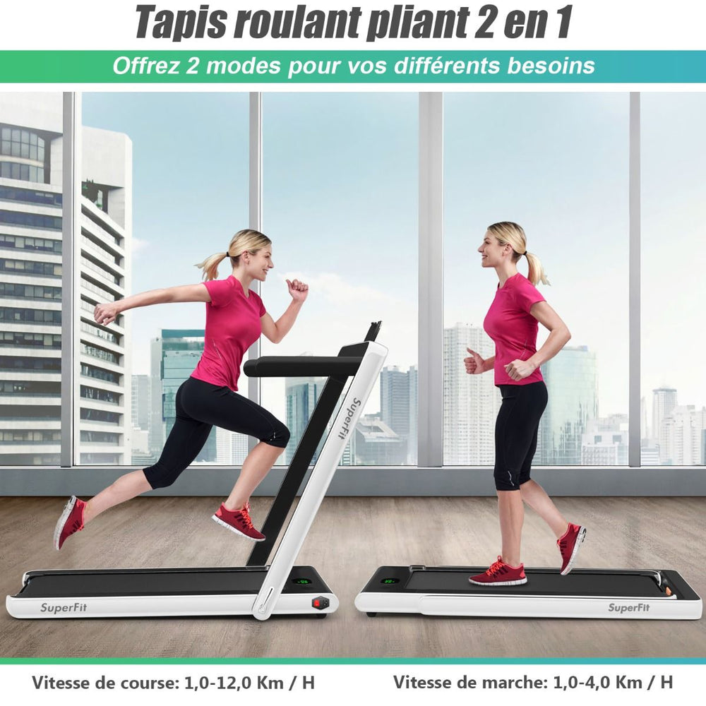 2 en 1 Tapis de Course Electrique Pliable 1 à 12 Km/H avec Haut-parleur Bluetooth Télécommande Moteur 0,75HP Vert/Blanc/Noir/Rouge/Or/Noir et Argenté/Bleu -