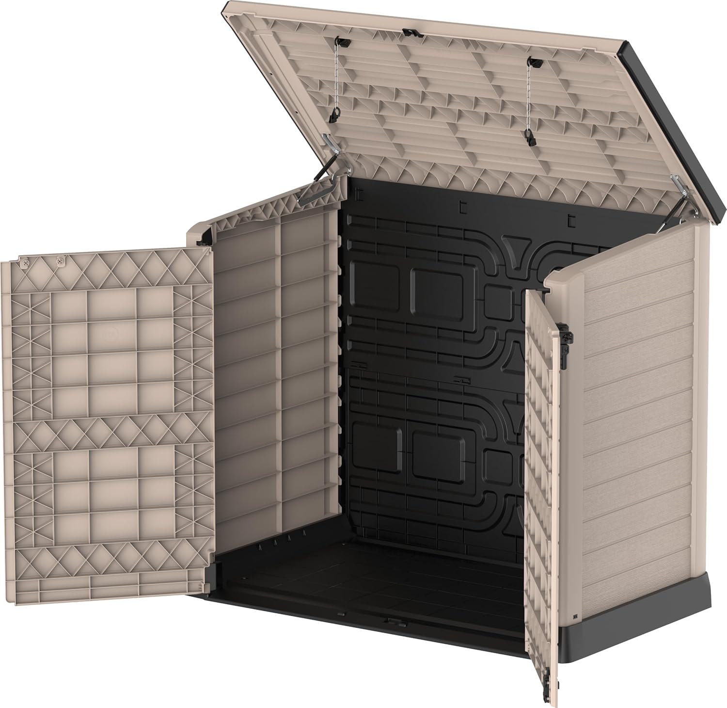Duramax StoreAway 1200L Plastic Garden Shed/ Flat Lid,Outdoor Storage Shed,Wheelie Bin Hideaways,Wheelie bin box,Durable Construction,Ideal for Bikes,BBQs & 2x 240L Bins,145x85x125 cm,Brown