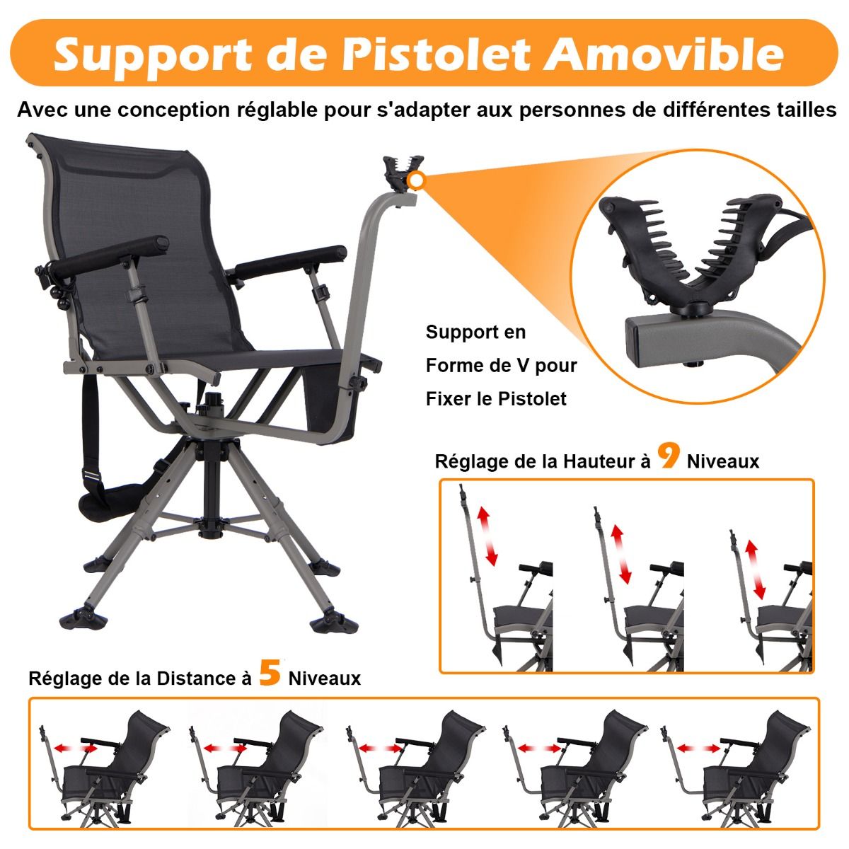 Chaise de Chasse Portable Chaise de Tir avec Siège de Pliable Réglables Rotation à 360° Support de Fusil Réglable Charge 150 kg Noir -
