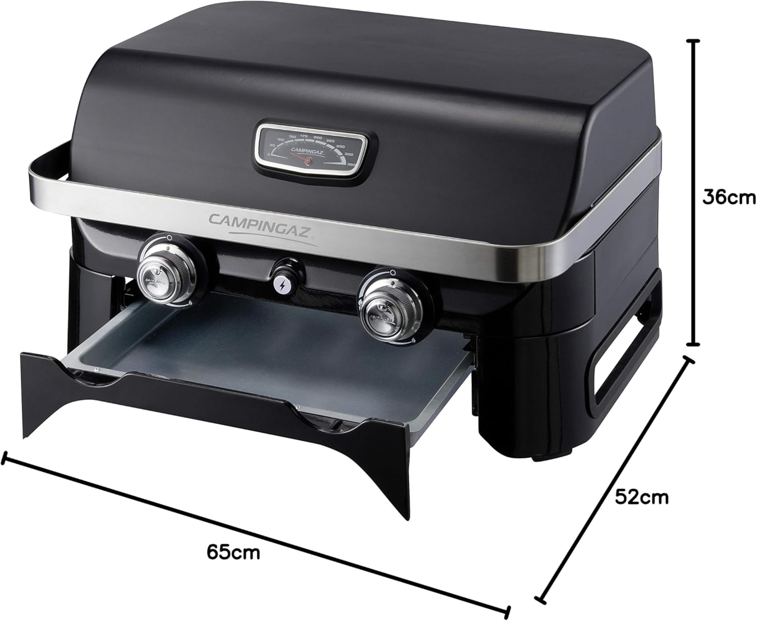 Attitude2go,Barbecue de Table  Faible fume,BBQ Portable, Couvercle,thermomtre,et Grille en Fonte,Alimentation : Cartouche de gaz CV 470 Plus,Gris