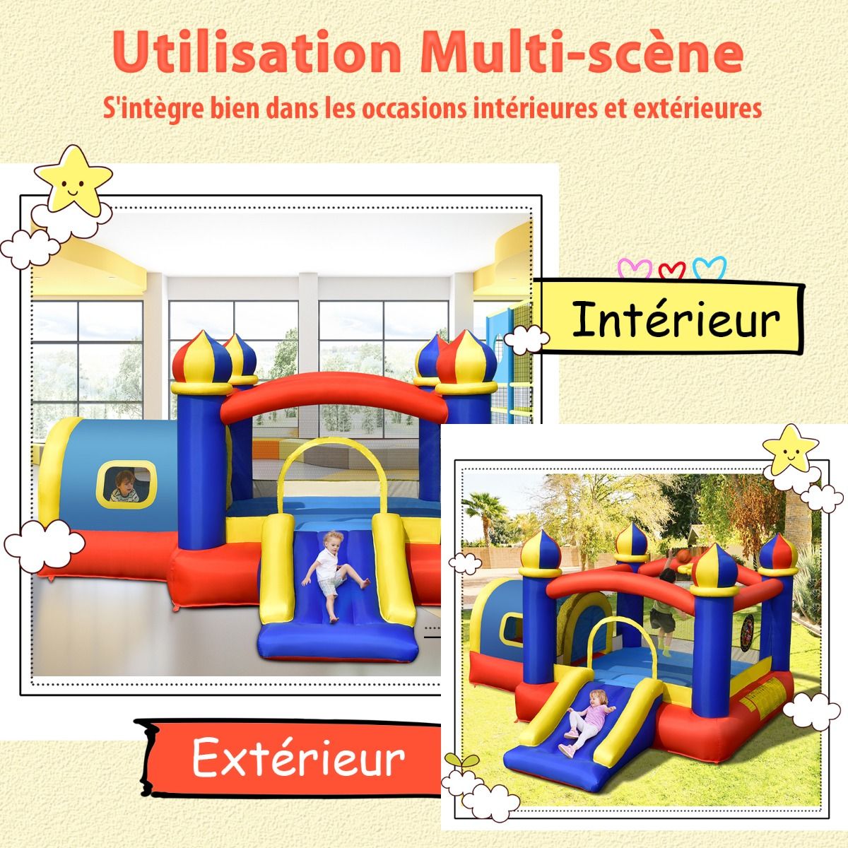 Ch芒teau Gonflable pour Enfant avec Espace de Rebonds Petite Maison Toboggan Panier de Basket(sans Gonfleur) -