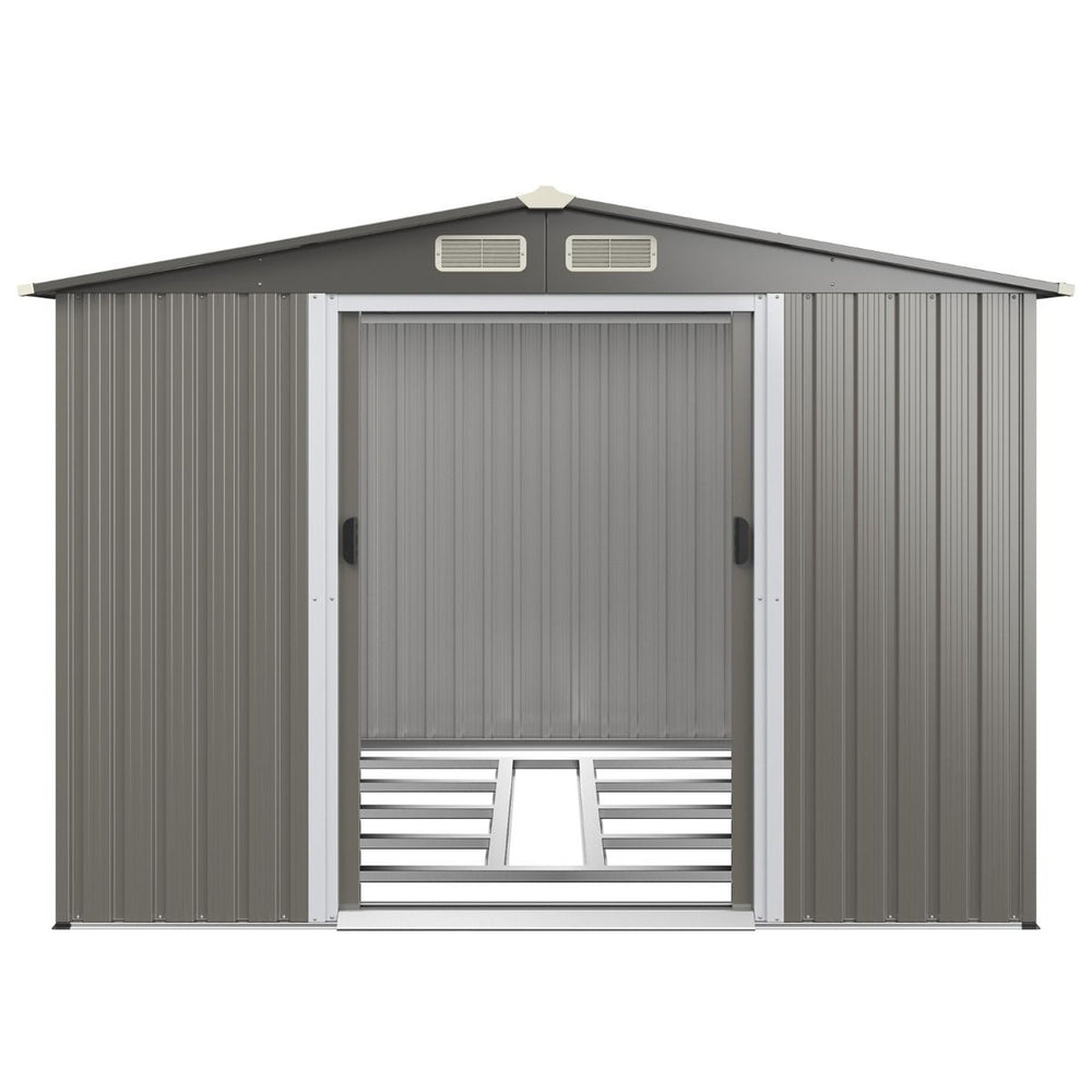 Abri de Jardin Métal Extérieur 9.74m³ Acier Galvanisé avec Fondation 4 Persiennes Double Porte et Rampe 260 x 207 x 181 cm Gris Foncé/Gris Clair -