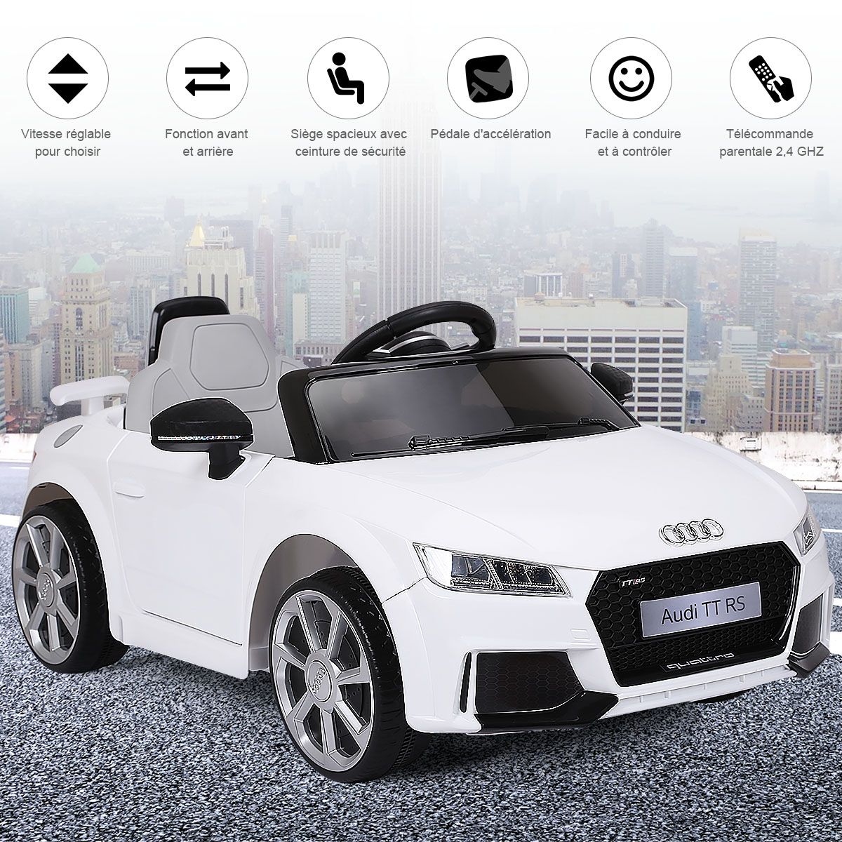 Voiture TTRS Electrique pour Enfants 12V Max. 5 Km/h Double Porte avec Tlcommande 2.4G Blanc/Rouge -
