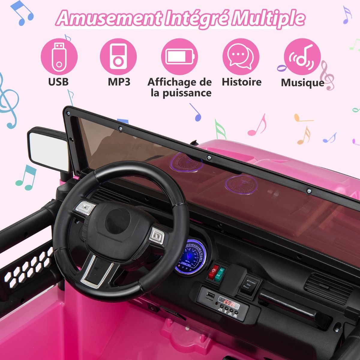 Voiture lectrique 24v pour Enfants 2 Places Tlcommande Musique Histoire Klaxon Usb Fonction de Dmarrage Lent Suspensions  Ressort Blanc/Noir/Rose/Violet -
