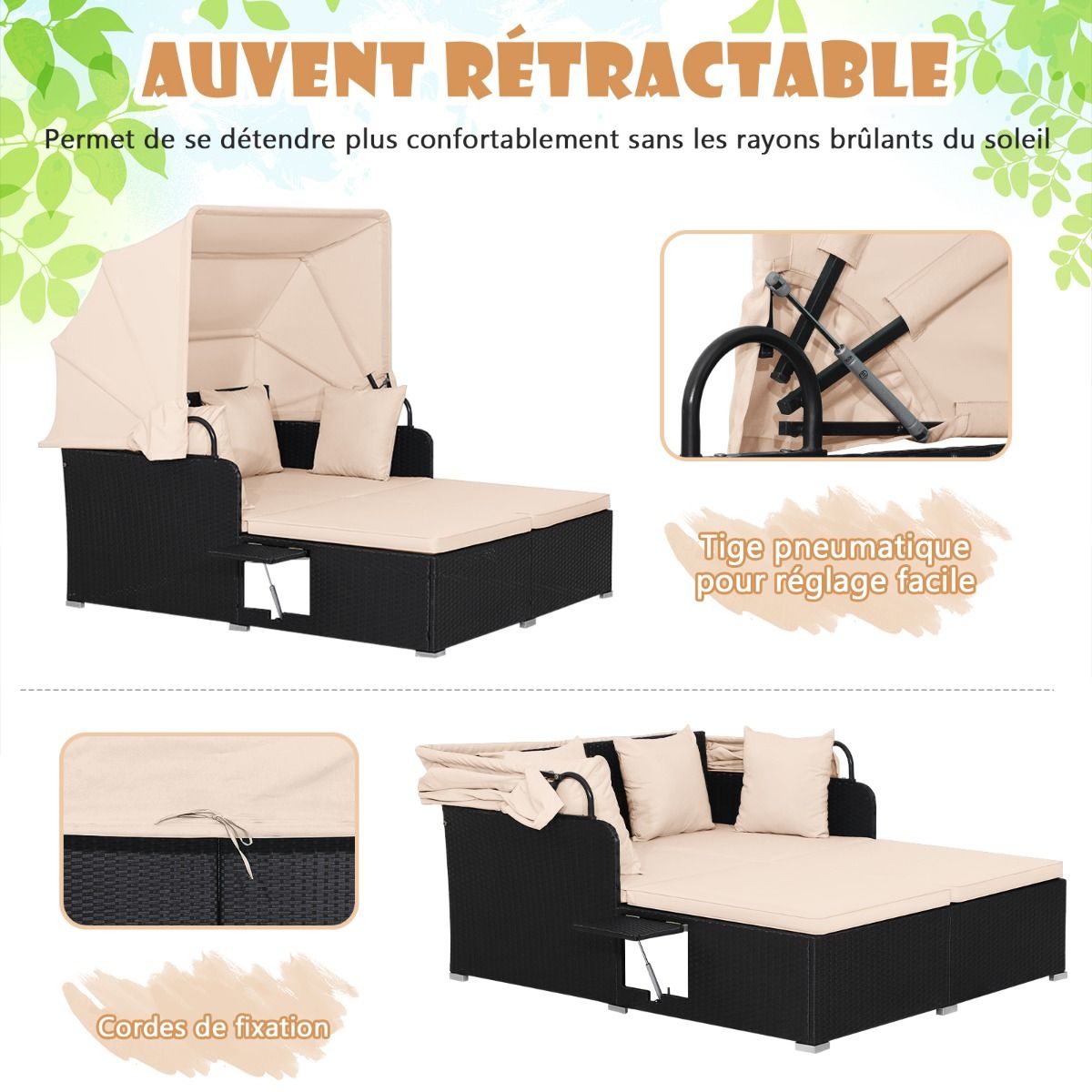 Chaise Longue à 2 Places en Rotin avec Auvent Rétractable Bain de Soleil avec Panneaux Latéraux Pliables Charge 360KG Beige/Gris -