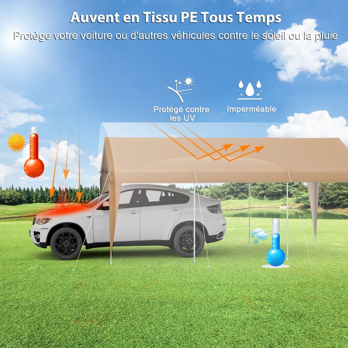 Abri de Voiture 301 x 600 cm Cadre en Métal Galvanisé Tente de Garage Portable avec Bâche Toutes Saisons Tente de Voiture pour Camions Bateaux -