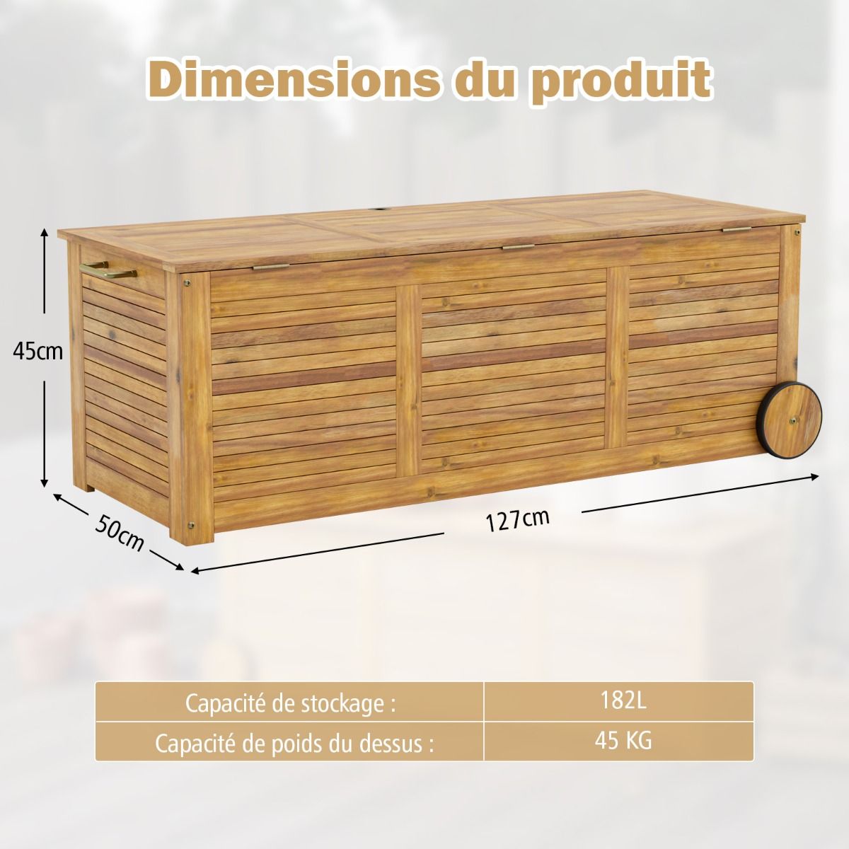 Coffre de Rangement 182L en Bois d’Acacia Charnière en Métal Banc de Rangement à Roulettes Extérieur pour Jardin Patio -