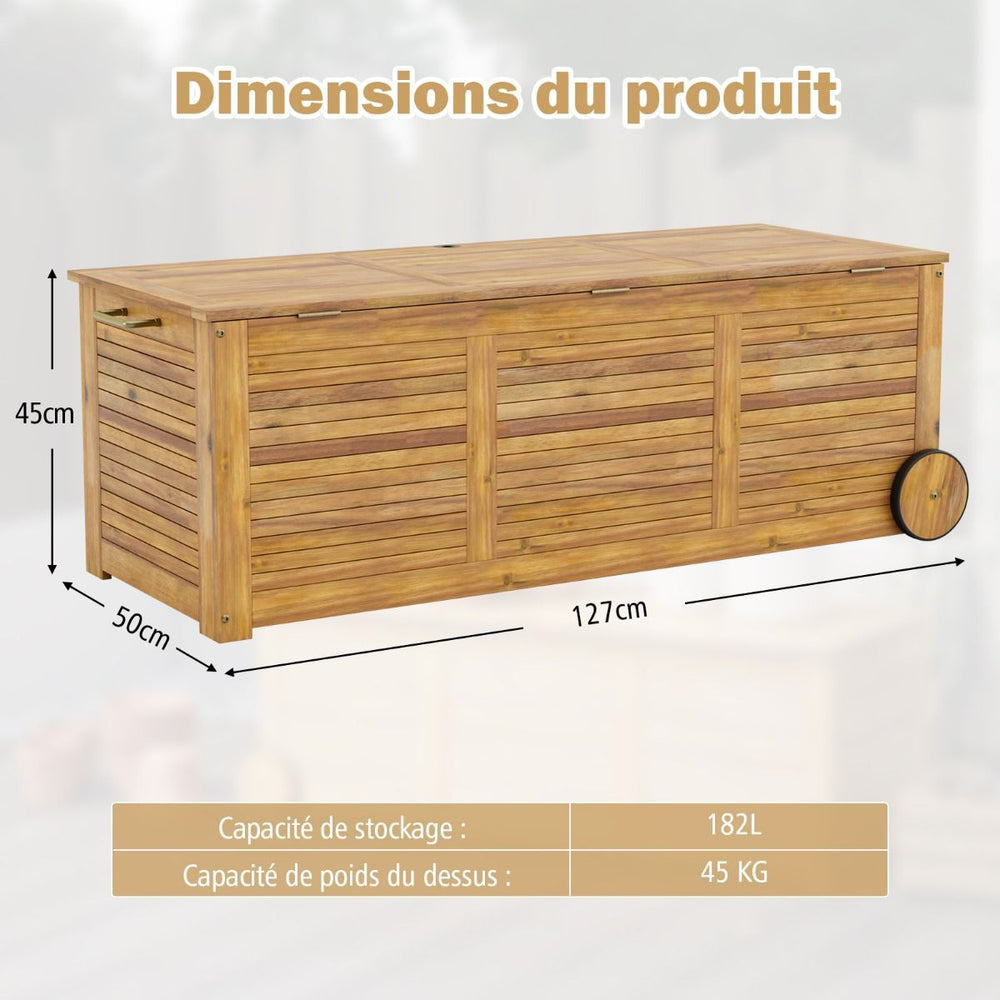 Coffre de Rangement 182L en Bois d’Acacia Charnière en Métal Banc de Rangement à Roulettes Extérieur pour Jardin Patio -