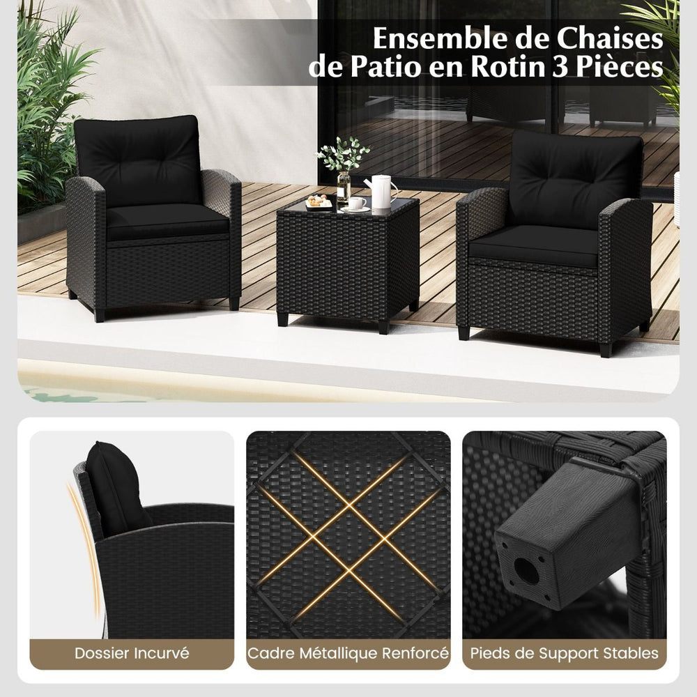 Ensemble de Meubles 3 Pièces de Patio en Rotin Charge 180KG Salon de Jardin 2 Fauteuils Table Basse avec Plateau Noir/Beige/Blanc -