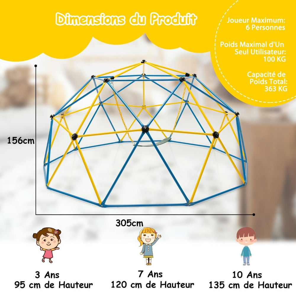Dôme d'Escalade de 305cm avec Balançoire Cage d'Escalade en Métal Charge Max 363 kg Intérieur Extérieur pour Enfants de 3-10 Ans Jaune/Rouge -