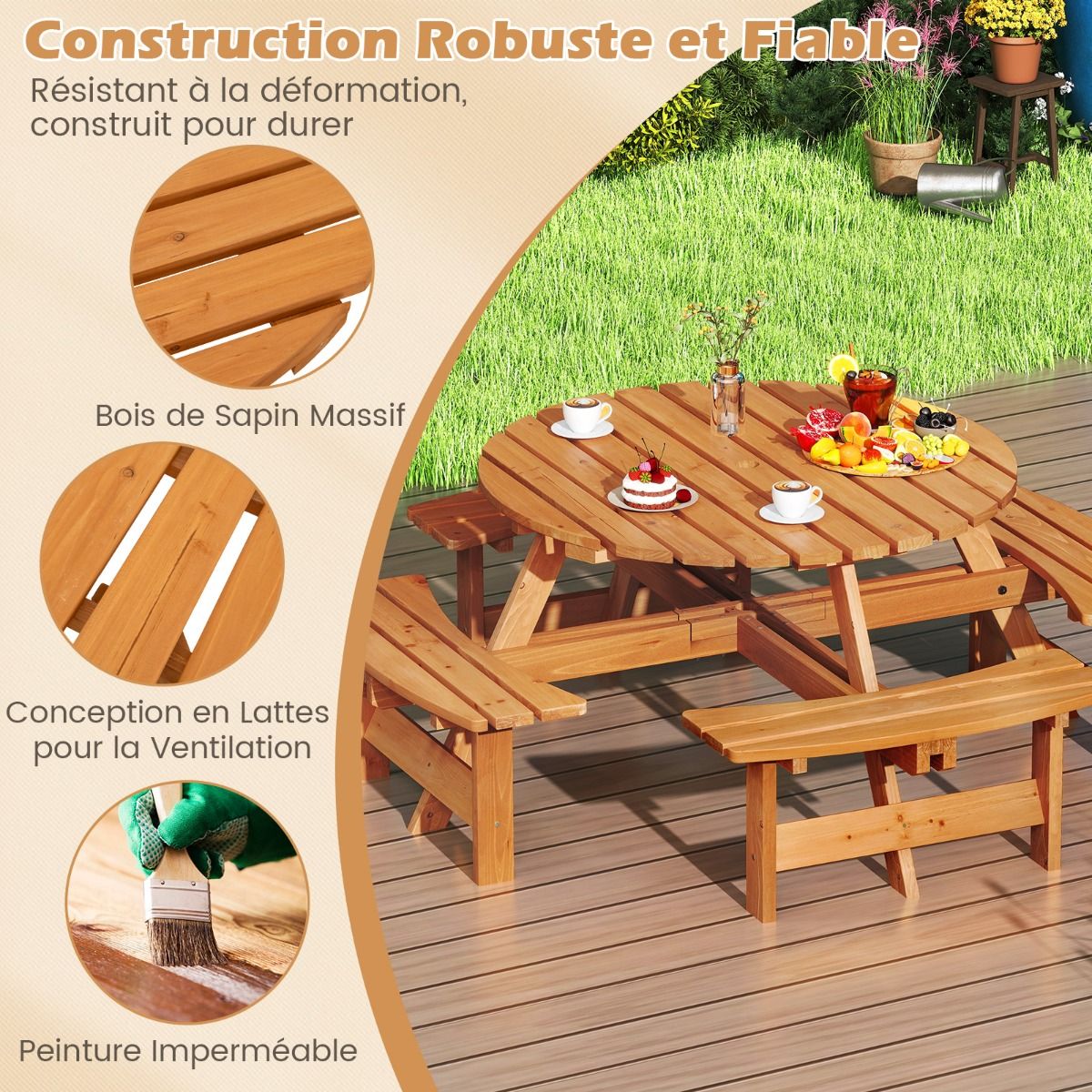 Ensemble Table de Pique-Nique en Bois pour 2  8 Personnes Set Table et Banc Circulaire avec 4 Bancs Intgrs Trou de Parasol de 5cm Marron/Jaune -