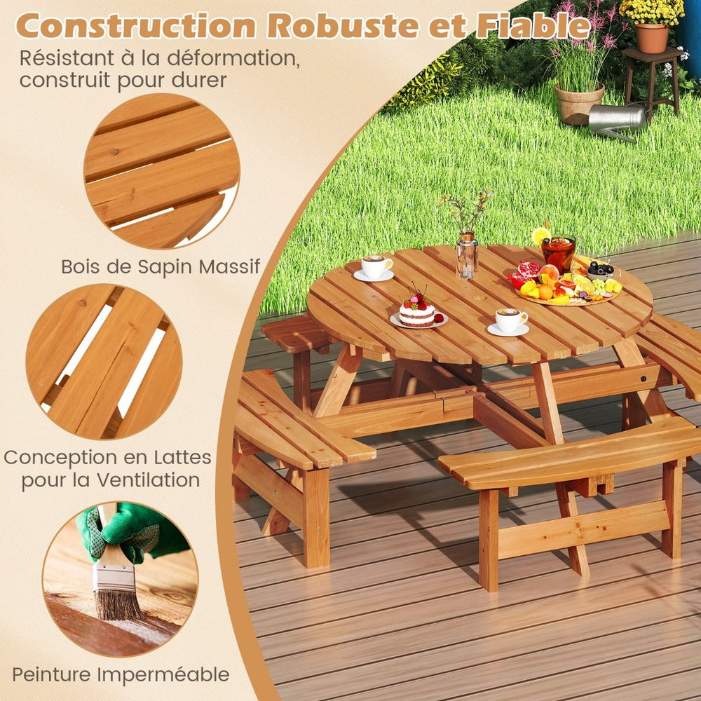 Ensemble Table de Pique-Nique en Bois pour 2  8 Personnes Set Table et Banc Circulaire avec 4 Bancs Intgrs Trou de Parasol de 5cm Marron/Jaune -