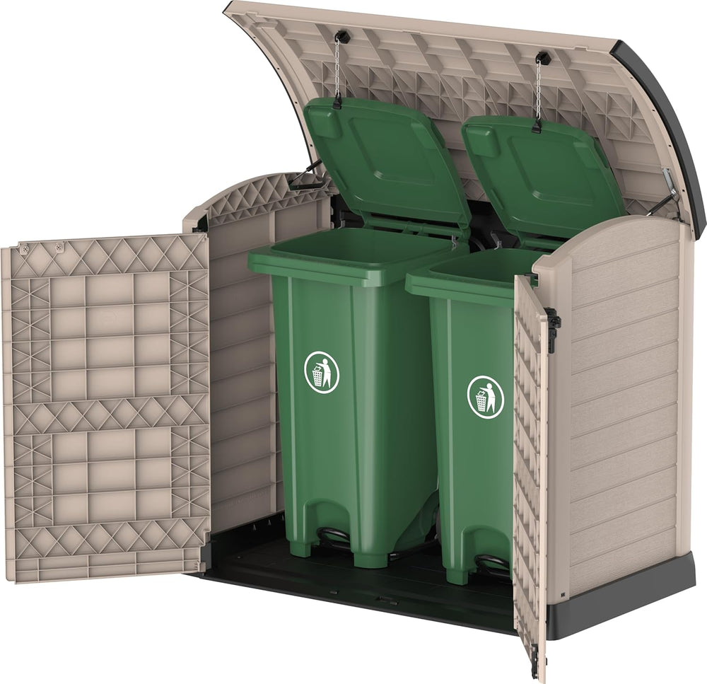 Duramax StoreAway 1200L Plastic Garden Shed/ Flat Lid,Outdoor Storage Shed,Wheelie Bin Hideaways,Wheelie bin box,Durable Construction,Ideal for Bikes,BBQs & 2x 240L Bins,145x85x125 cm,Brown