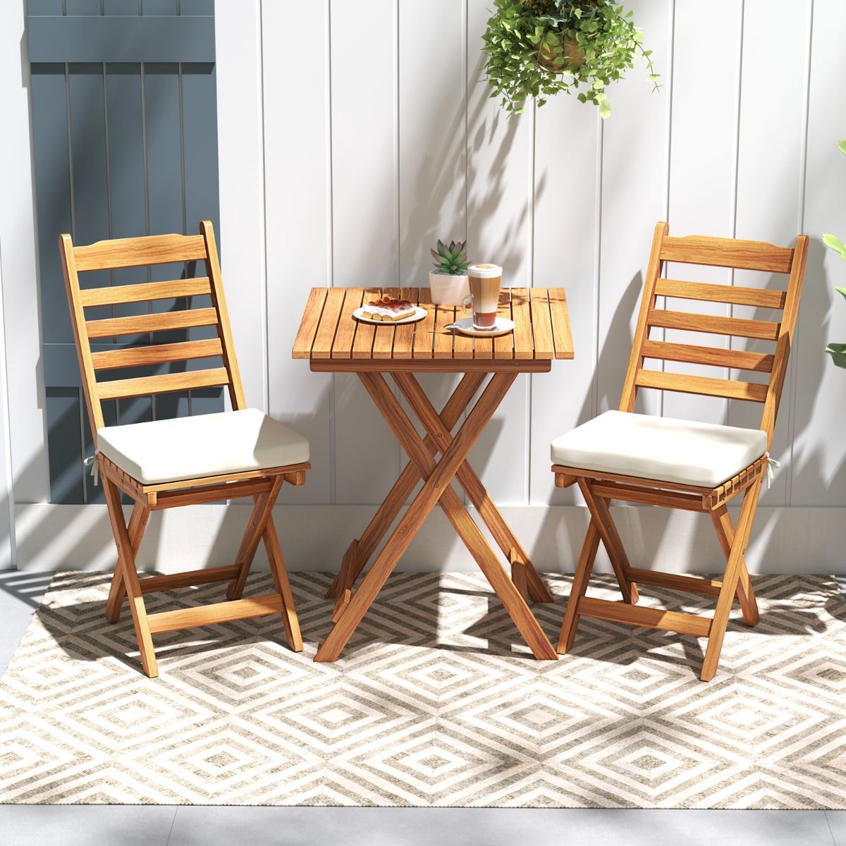 Ensemble Bistrot d'Extrieur en Bois d'Acacia Ensemble de Chaises Pliantes et Table Coussins de Sige Sans Accoudoirs  Dossier Haut Blanc -