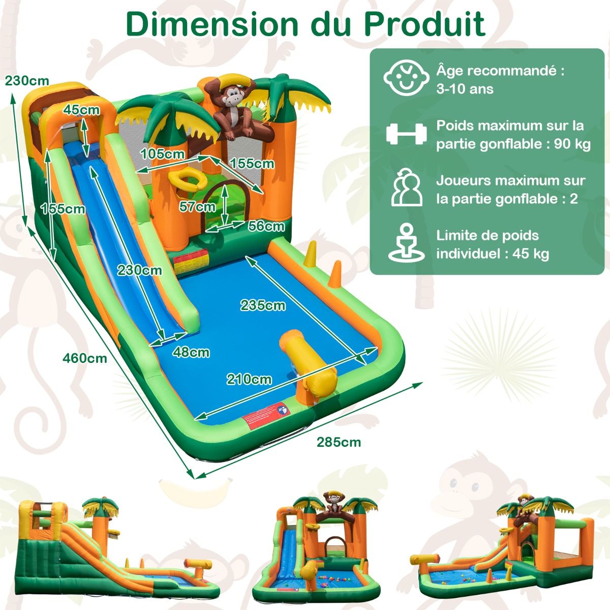 7 en 1 Ch芒teau Gonflable Tropical  Thme Singe & Palmier avec Toboggan Aquatique avec Piscine & 50 Boules Charge 90kg pour 2 Enfants de 3-10 Ans -