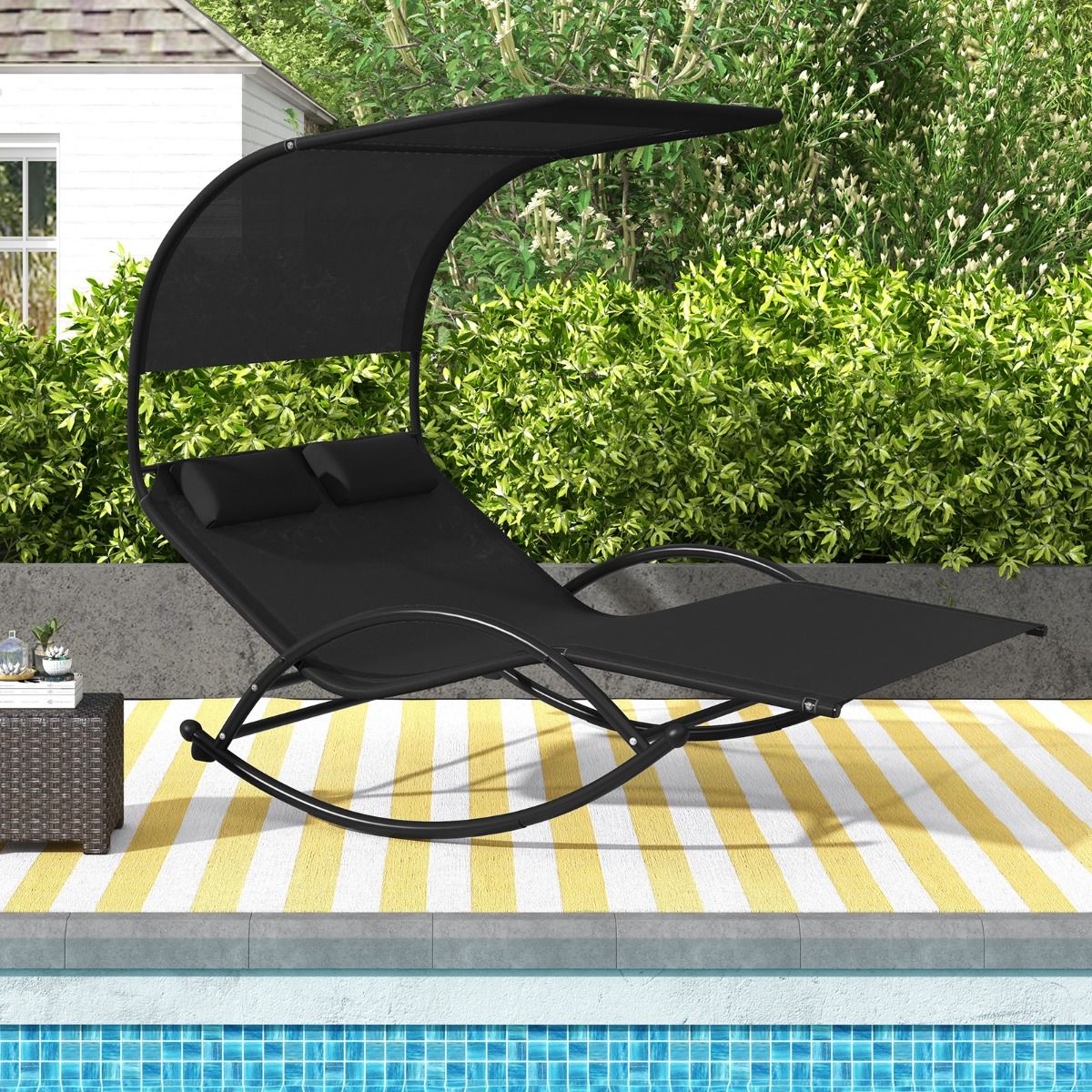 Chaise Longue Double Chaise  Bascule pour 2 Personnes 2 Appui-T锚tes Amovibles Cadre en Mtal Robuste Lit de Repos Ergonomique 2 Places Gris/Noir/Beige -