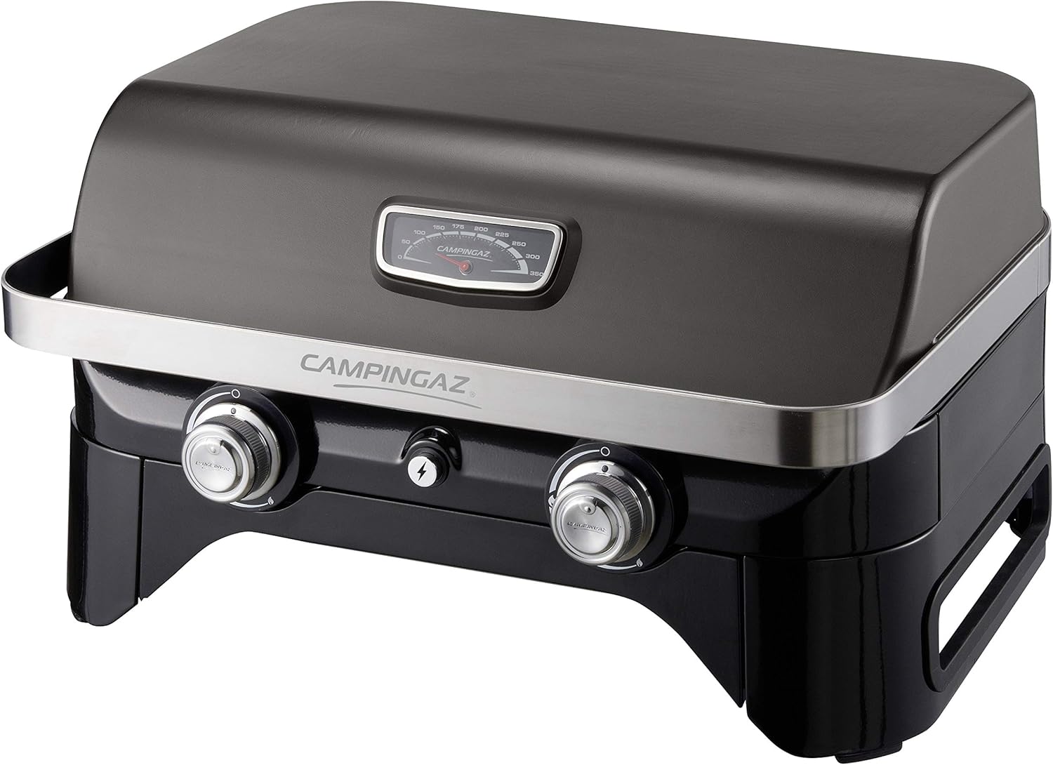 Attitude2go,Barbecue de Table à Faible fumée,BBQ Portable,à Couvercle,thermomètre,et Grille en Fonte,Alimentation : Cartouche de gaz CV 470 Plus,Gris