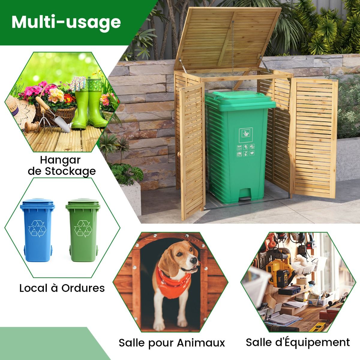 Abri à Poubelle en Bois de 120 L Abri pour Outils d'Extérieur avec Couvercle Ouvrable Doubles Portes Loquet de Verrouillage Naturel -