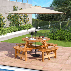 Ensemble Table de Pique-Nique en Bois pour 2  8 Personnes Set Table et Banc Circulaire avec 4 Bancs Intgrs Trou de Parasol de 5cm Marron/Jaune -
