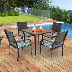 5 Pieces Patio Dining Set, 4 Cushioned Rattan Armchairs & Square Table with Wood-Plastic Tabletop & Umbrella Hole
