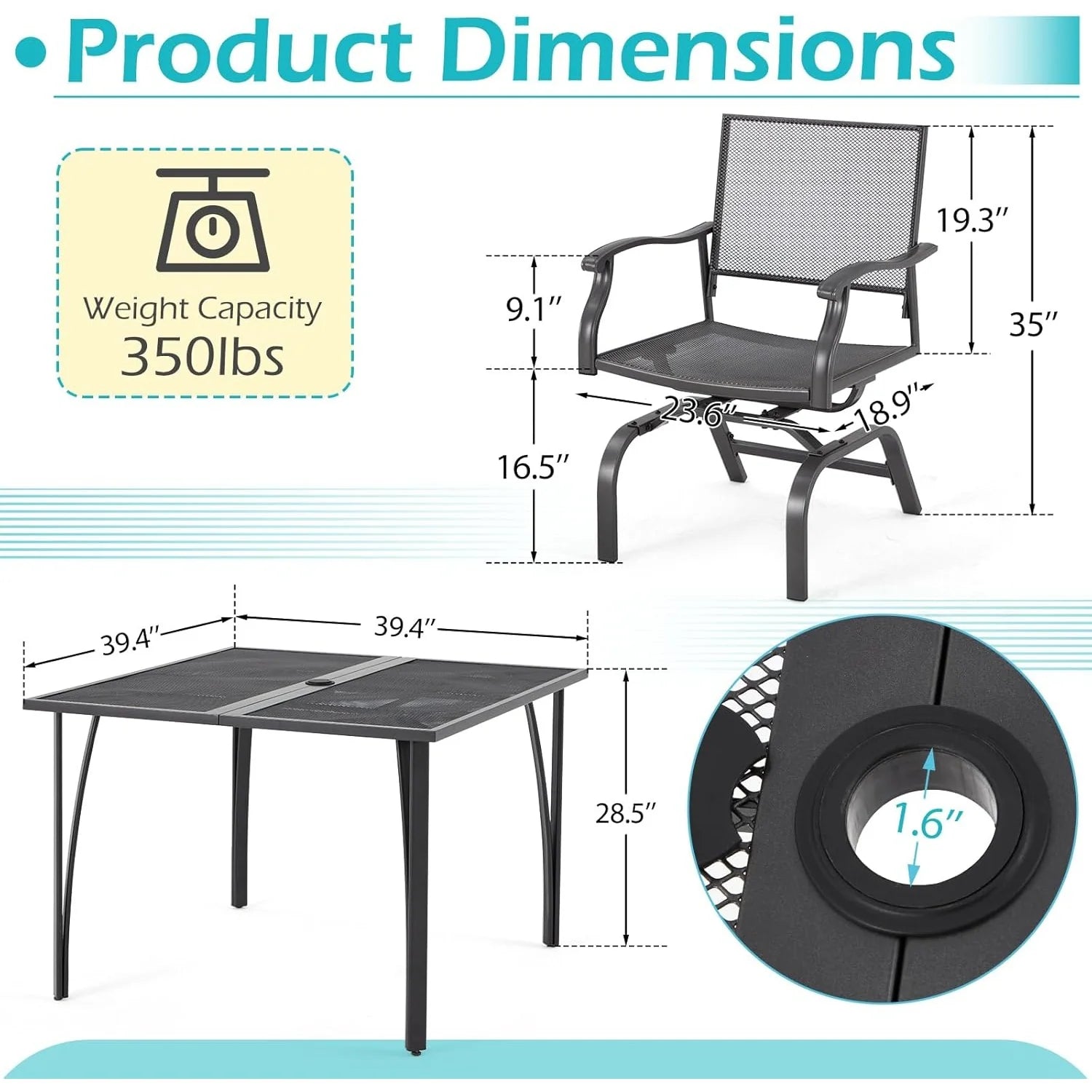 AECOJOY 3 Pieces Patio Dining Set, , Outdoor Furniture with 2 Rocking Patio Chairs and 1 Square Patio Metal Table