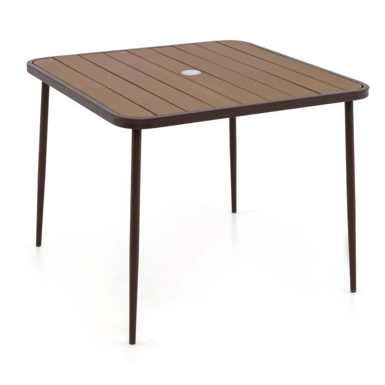 5 Pieces Patio Dining Set, 4 Cushioned Rattan Armchairs & Square Table with Wood-Plastic Tabletop & Umbrella Hole